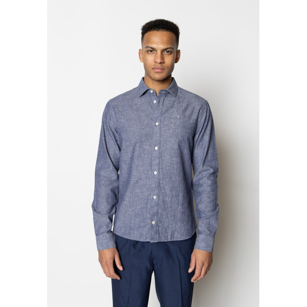 Clean Cut Copenhagen Jamie Cotton Linen Shirt LS in Dark Blue Melange