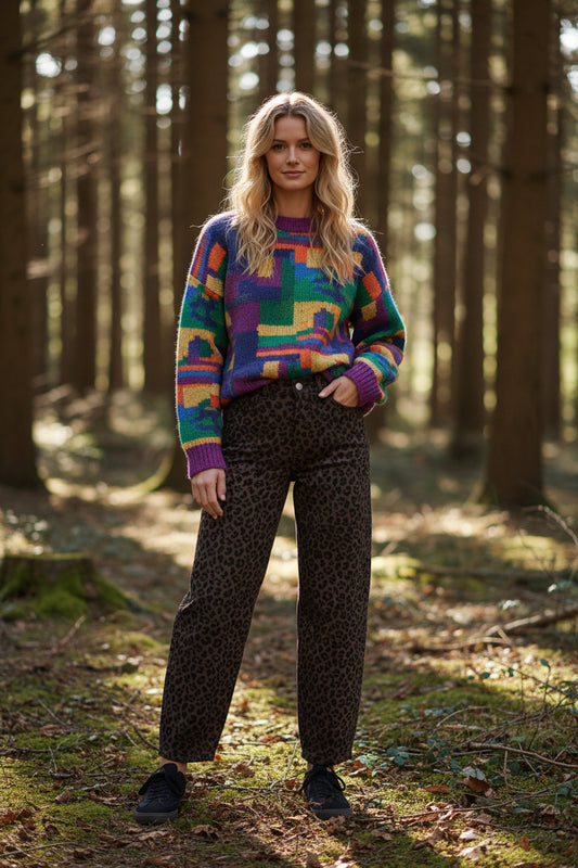 Mazine Printed Barrel Leg Denim Pants in chocolate brown/printed