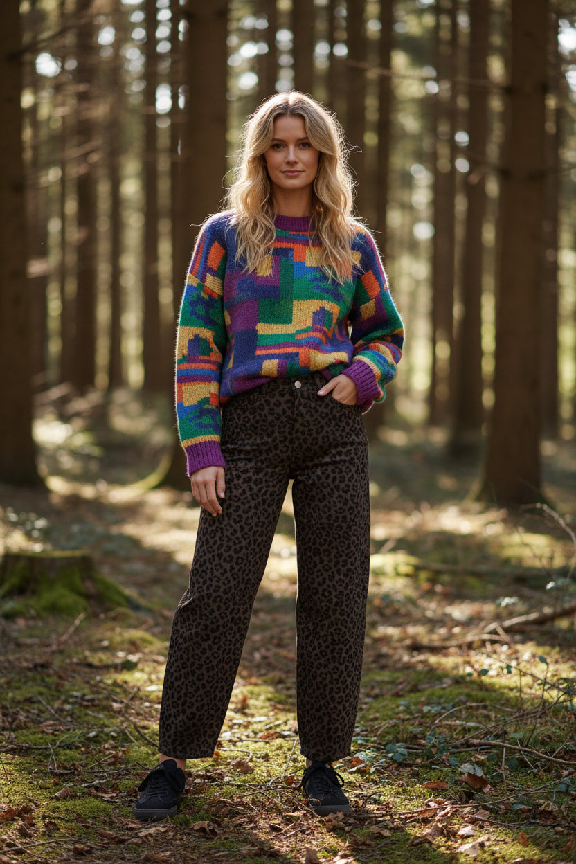 Mazine Printed Barrel Leg Denim Pants in chocolate brown/printed