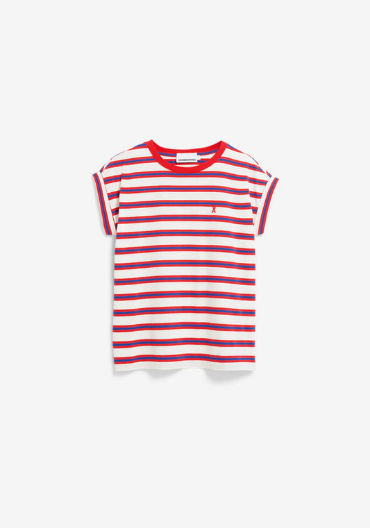 Armedangels IDAARA STRIPES T-SHIRT FS26 in light oatmilk-mars red-dynamo blue