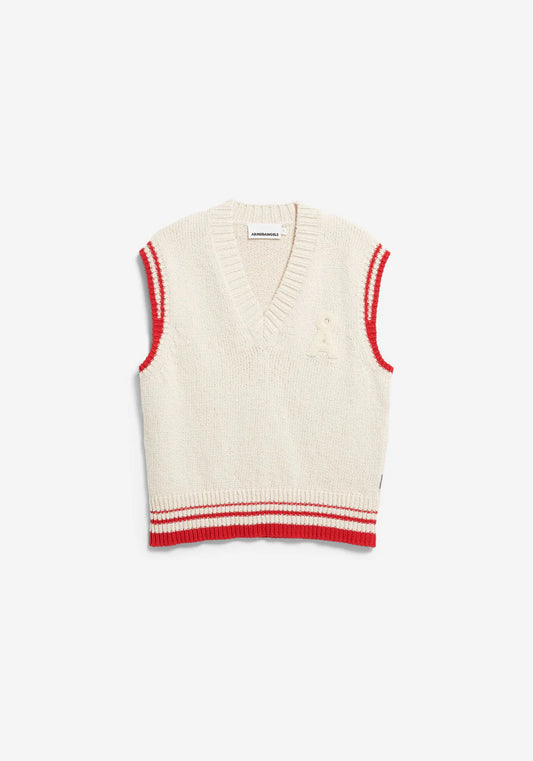 Armedangels ICONIC Å COLLEGE KNIT VEST FS26 in oatmilk-mars red