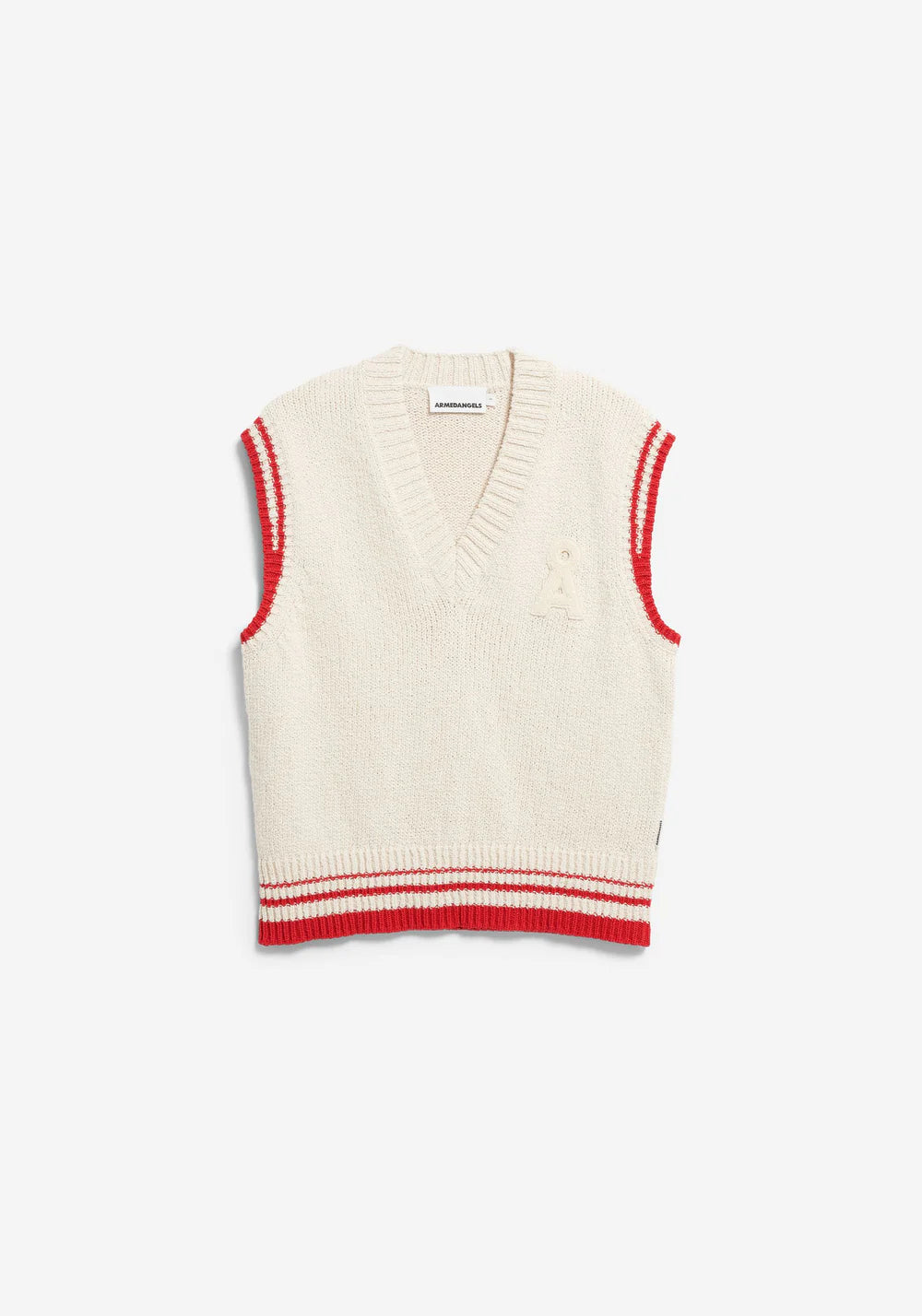 Armedangels ICONIC Å COLLEGE KNIT VEST FS26 in oatmilk-mars red