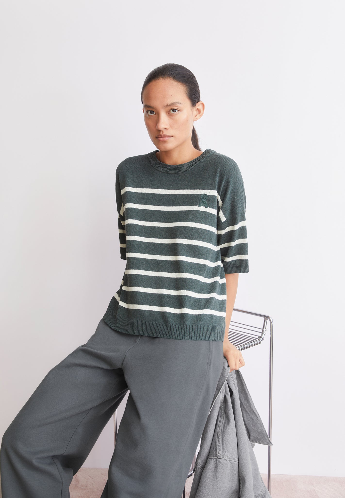 Armedangels STRIPE LINEN BLEND SWEATER FS26 in space steel-undyed