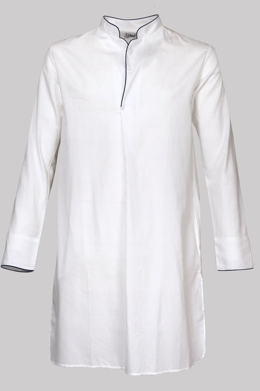P.Le Moult NIGHT-SHIRT Plain﹢Piping Herringbone Light in White-Navy
