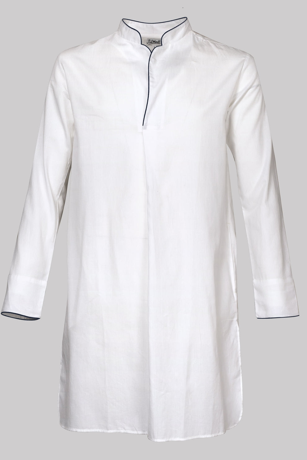 P.Le Moult NIGHT-SHIRT Plain﹢Piping Herringbone Light in White-Navy