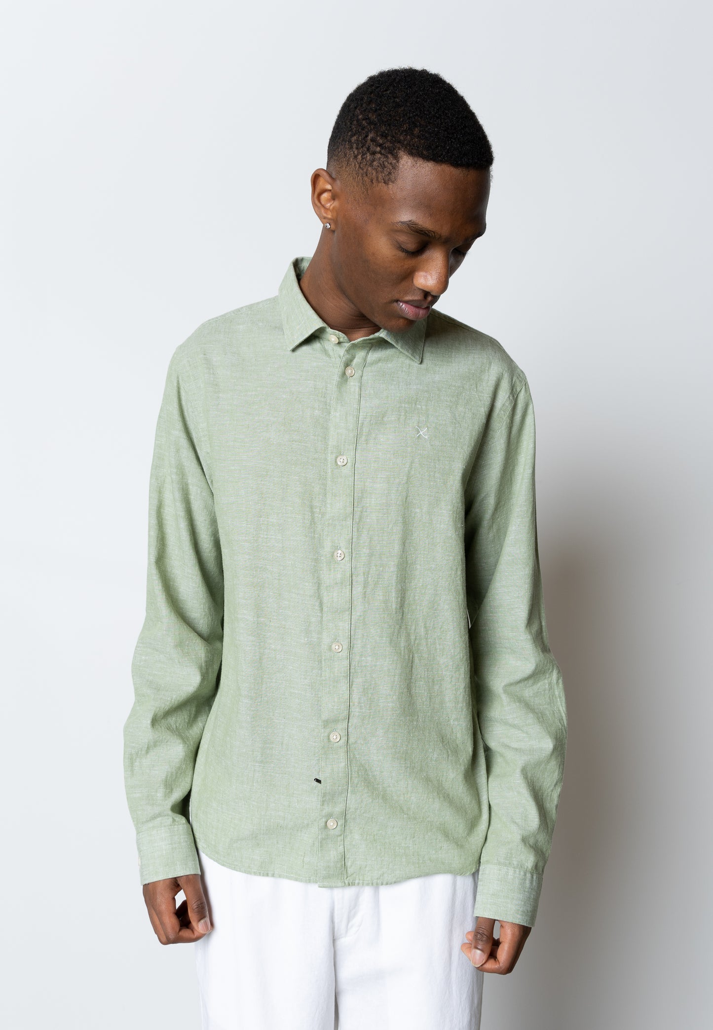Clean Cut Copenhagen Jamie Cotton Linen Shirt LS in Green Melange