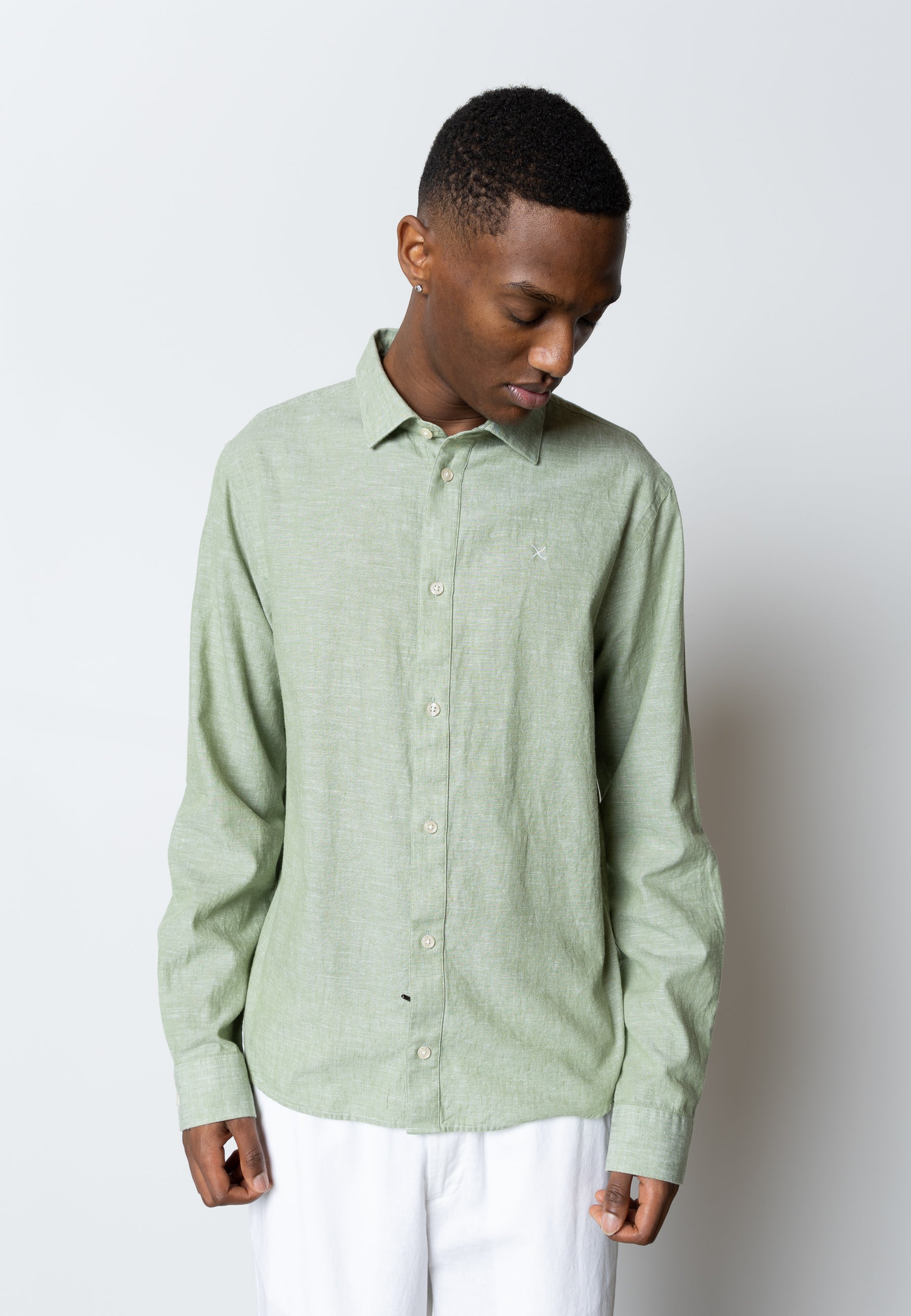 Clean Cut Copenhagen Jamie Cotton Linen Shirt LS in Green Melange
