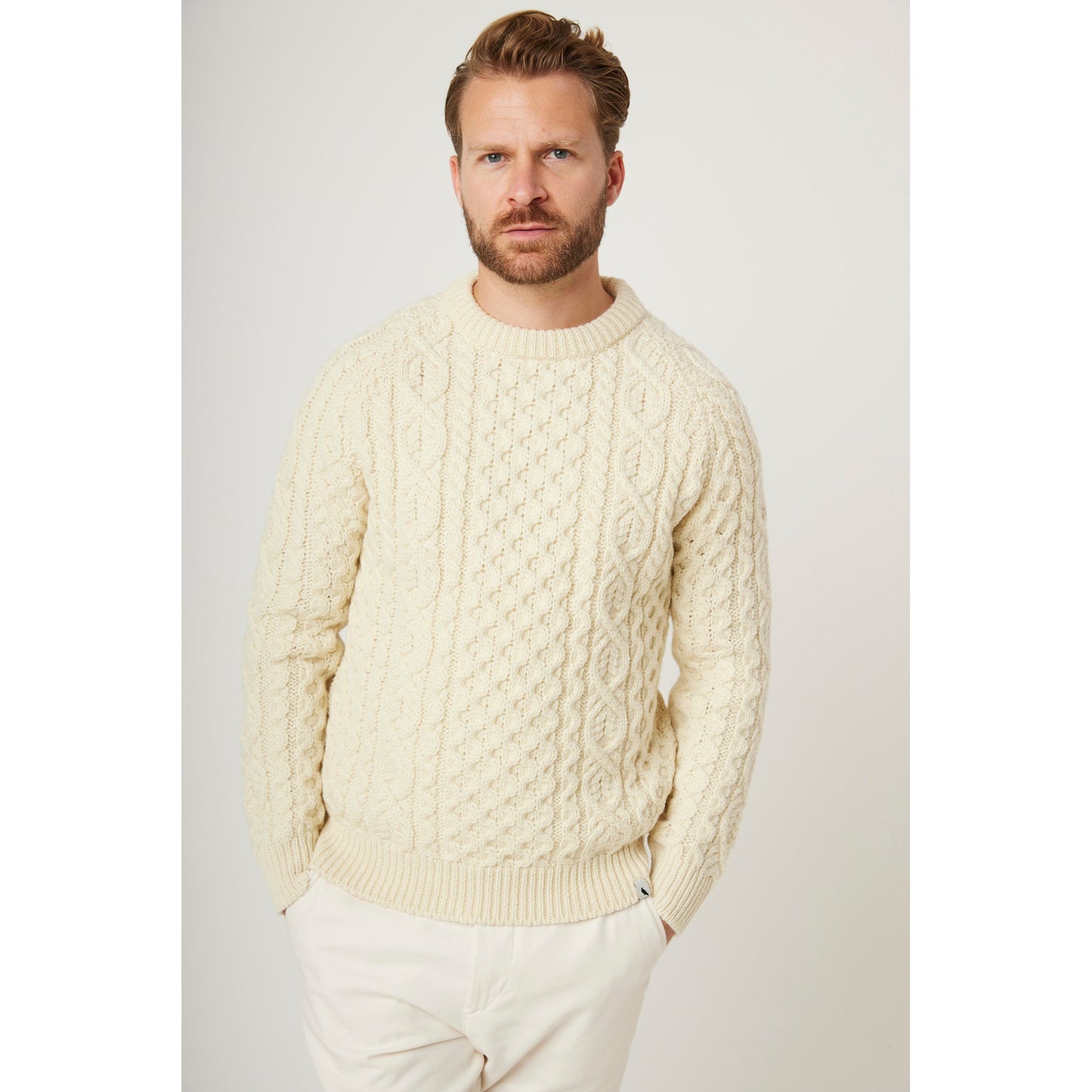 Peregrine Men Hudson Aran jumper in Ecru