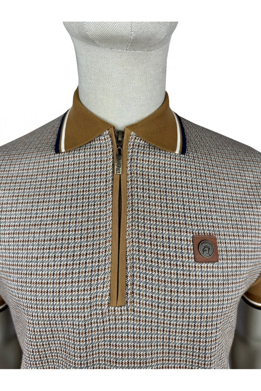 Trojan Mini Houndstooth Zip Panel Polo TR/9071 in Tan