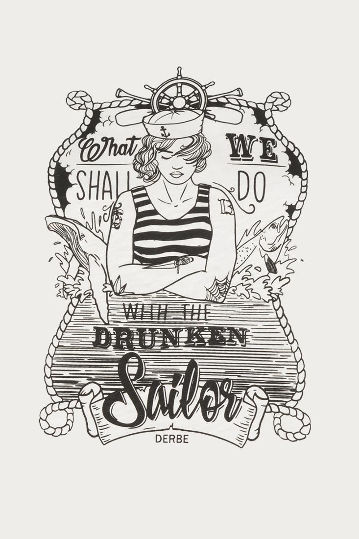 Weißes T-Shirt von Derbe Hamburg für Frauen mit großem Frontprint ( What should we do with a drunken Sailor) aus 100% Bio Baumwolle.