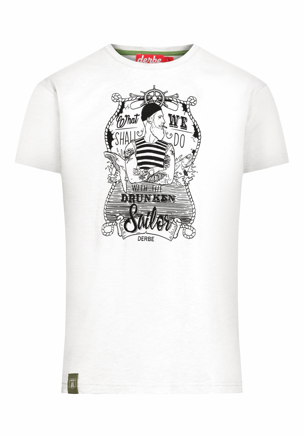 T-Shirt in Offwhite von Derbe Hamburg mit großem Frontprint ( What should we do with a drunken Sailor) aus 100% BioBaumwolle.