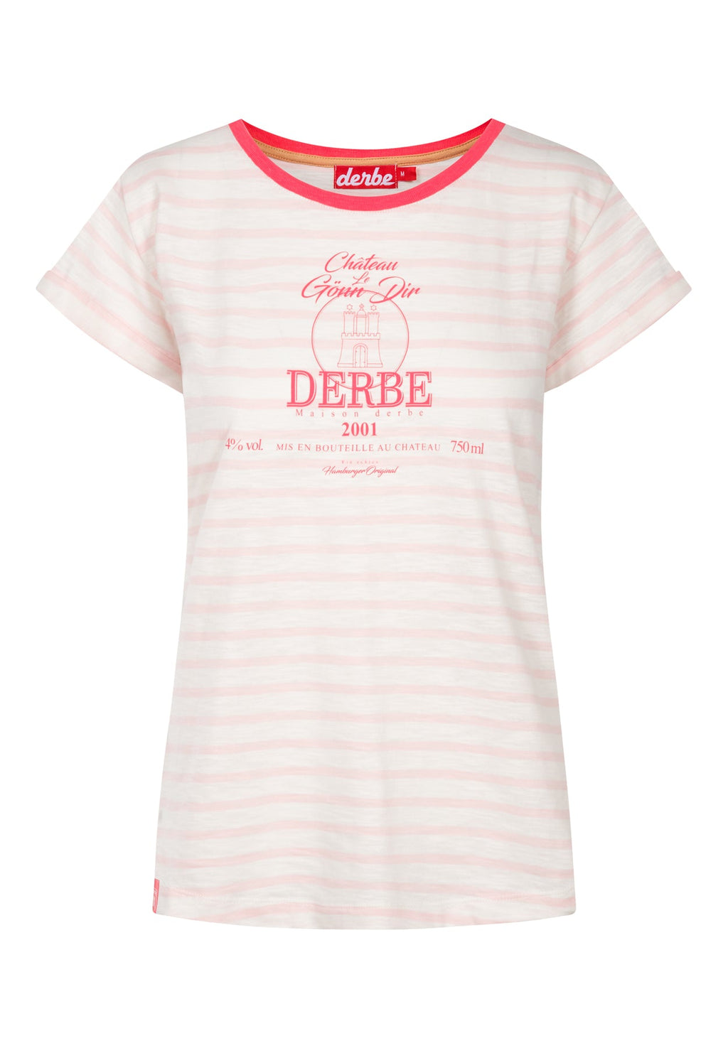 T-Shirt für Frauen von Derbe Hamburg mit Großem Sprudelwasser Druck auf der Brust in Farben Quer gestreift erdbeere.