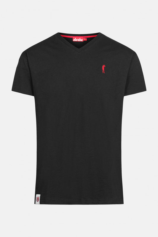 Schwarzes T-Shirt von Derbe Hamburg aus 100% Bio Baumwolle mit Biertrinker Stickerei auf der Brust.