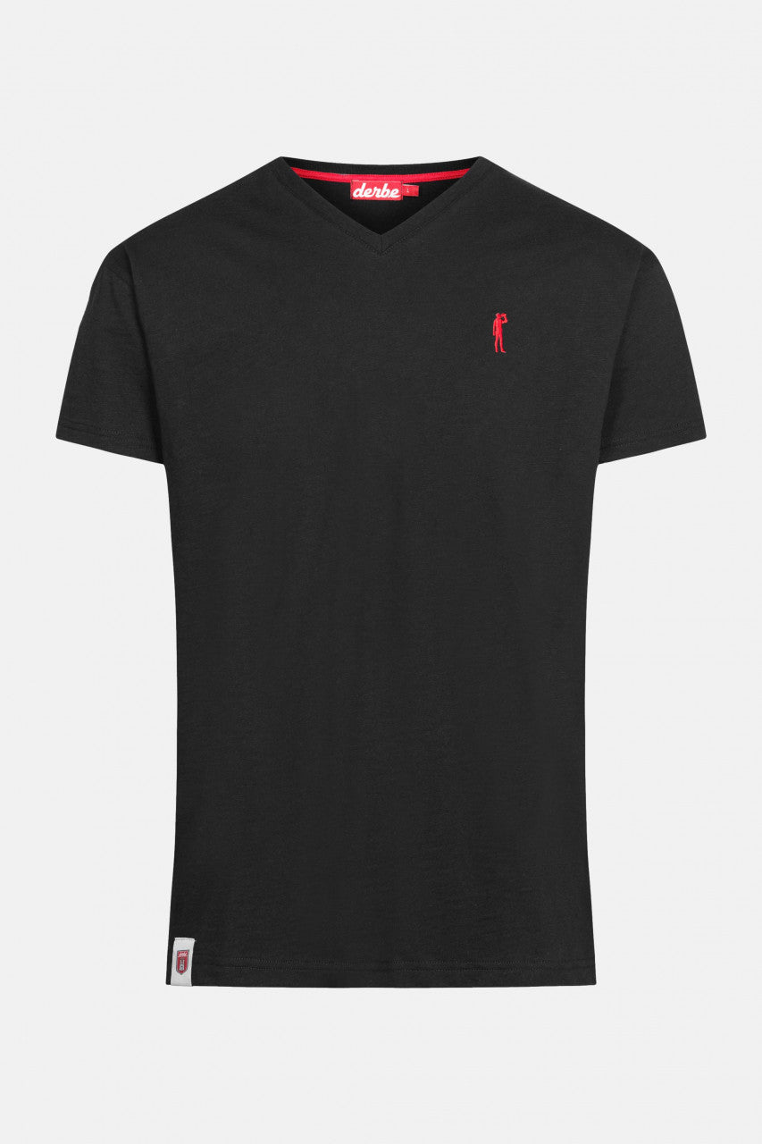 Schwarzes T-Shirt von Derbe Hamburg aus 100% Bio Baumwolle mit Biertrinker Stickerei auf der Brust.