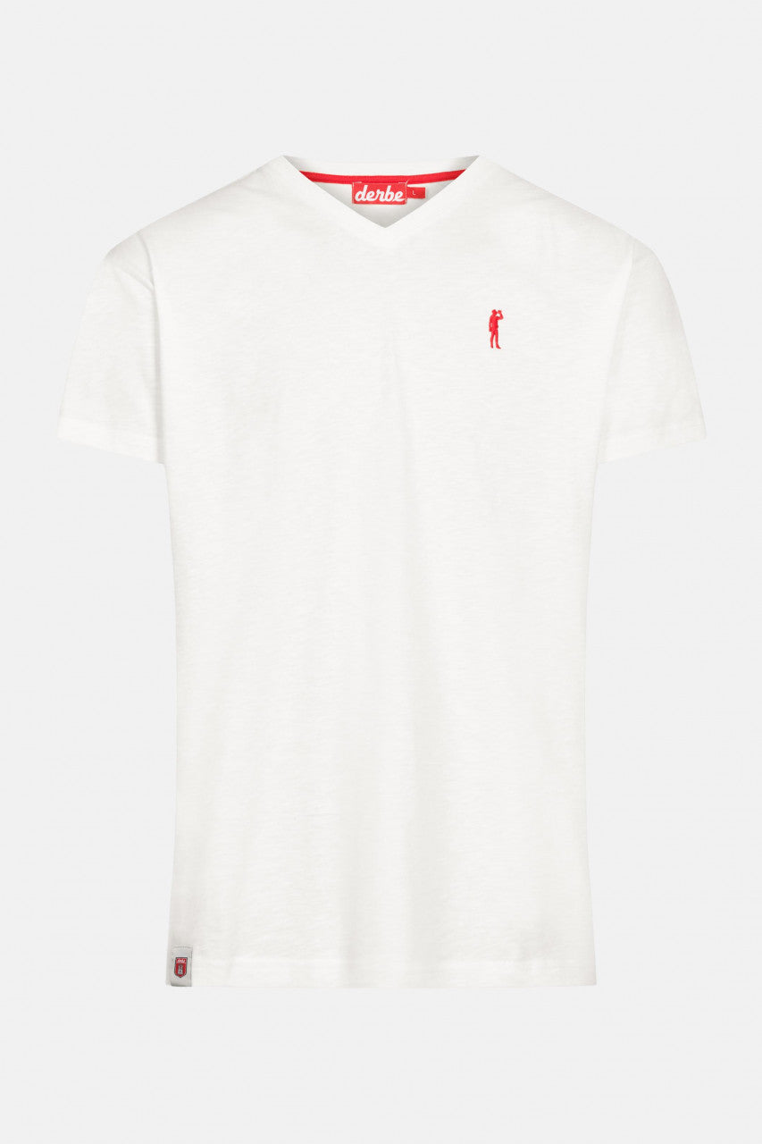 Weißes T-Shirt von Derbe Hamburg aus 100% Bio Baumwolle mit Biertrinker Stickerei auf der Brust.