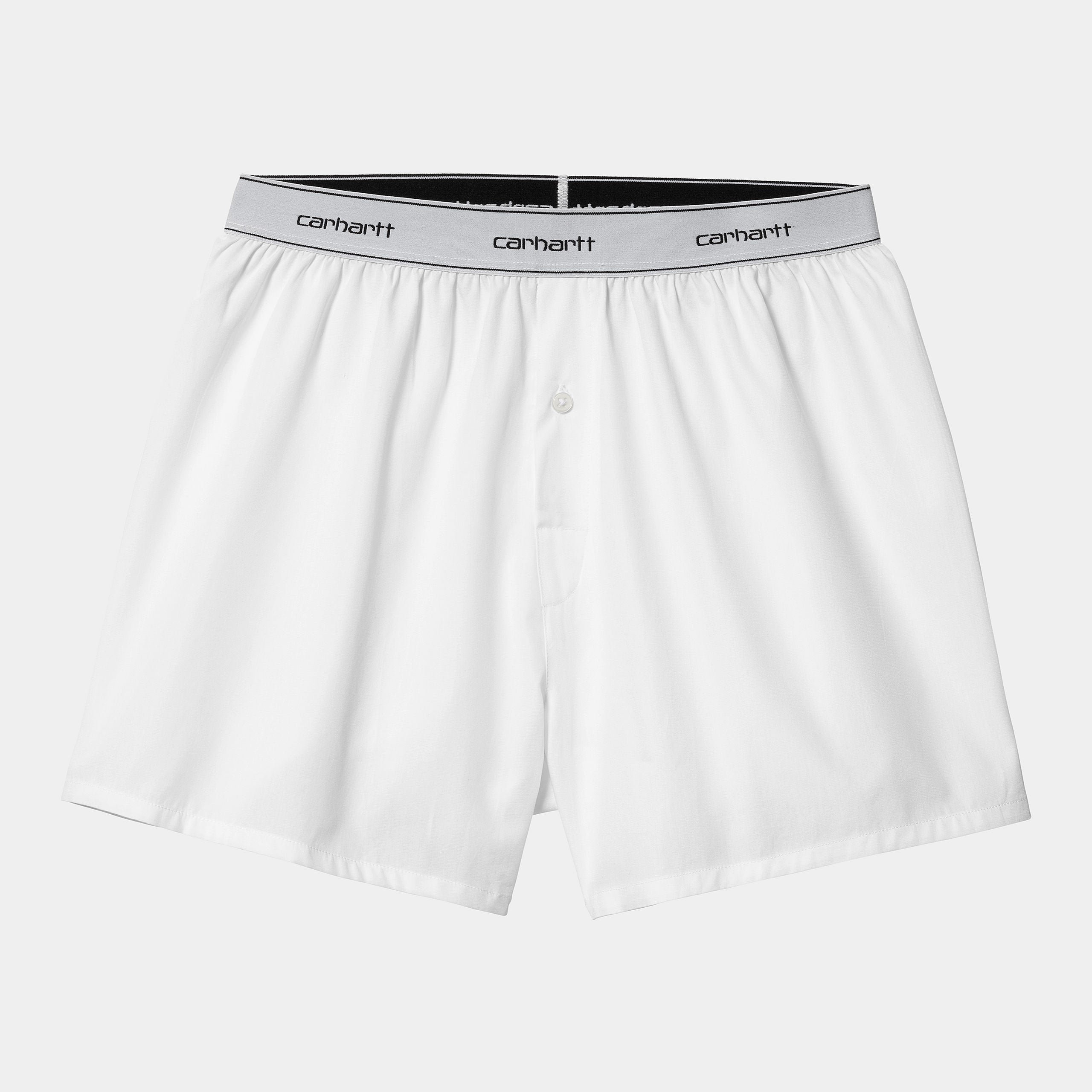 Weiße Boxershorts von Carhartt WIP aus 100% Baumwolle und Gummibund mit Carhartt Schriftzug.