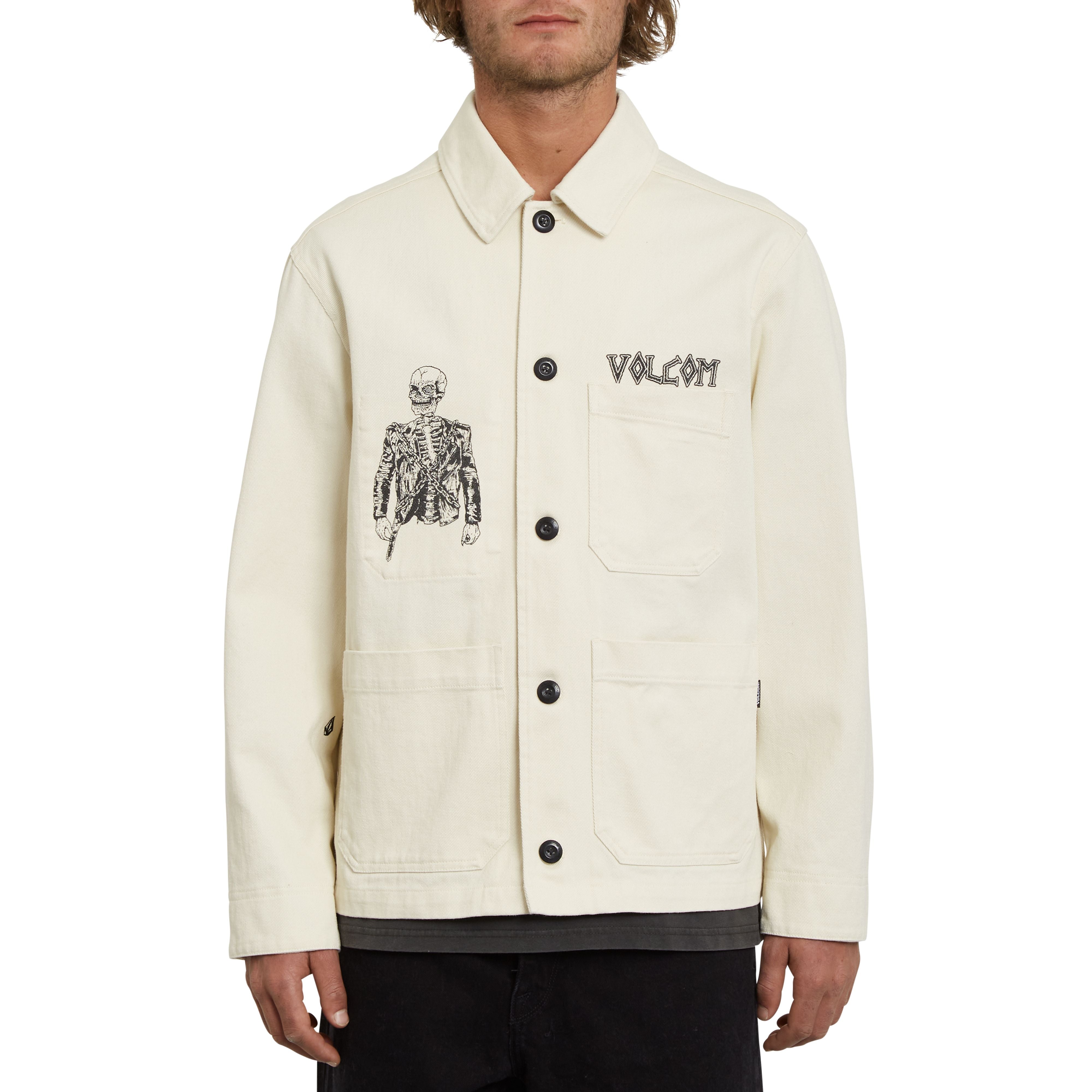 Volcom ungefilterte Jacke in Creme Weißt mit Großer Siebdruck art auf Brust und Rücken. Brust, Vorher und Innentasche vorhanden.
