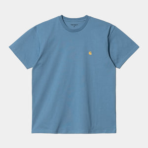 cARhartt chase herren t-shirt weit geschnitten in hell blau mit goldenen gestickten carhartt C logo in gold