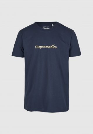 blaues regulär geschnittenes t-shirt mit schmalem cleptomanicx script logo in beige