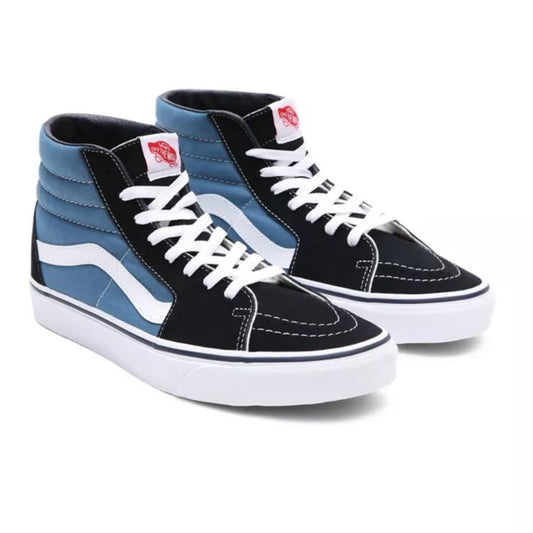 halbhoher vans schuh mit langer schnürung in blauen obermaterial aus stuf mit dunkel blauen leder aplikationen